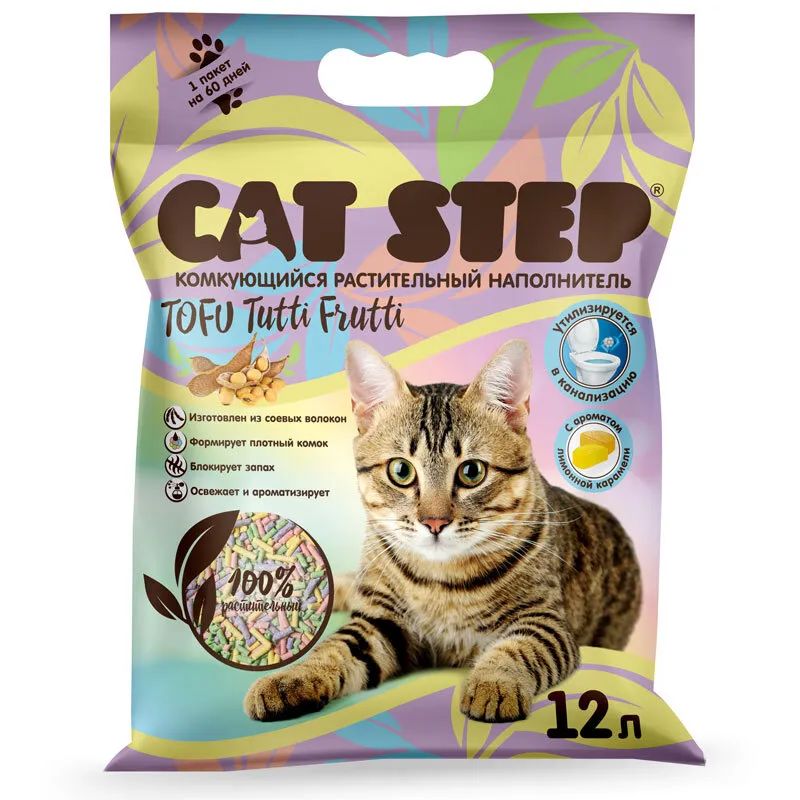 CAT STEP: Tofu Tuffi Frutti тутти фрутти наполнитель для кошек, комкующийся, растительный, 12 л.