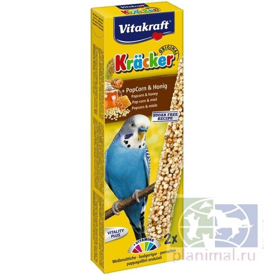 Vitakraft: крекер со злаками PopCorn & Honey попкорн и мёд для волнистых попугаев, 2 шт., 45 гр.