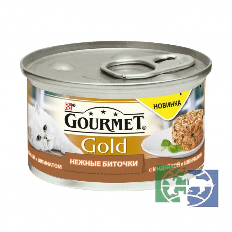 Консервы для кошек Purina Gourmet Gold Нежные биточки, индейка со шпинатом, банка, 85 гр.