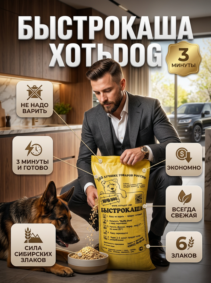 ХотьDog Быстрокаша для щенков и собак 65 л.
