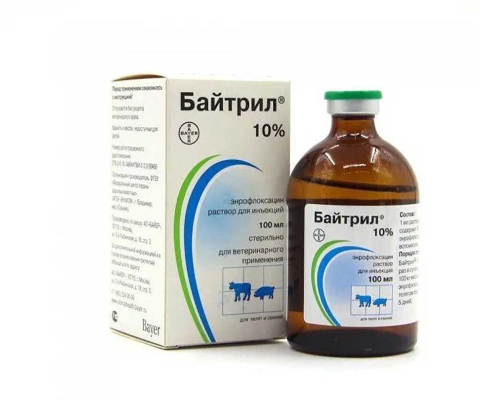 Bayer: Байтрил 10%, р-р д/инъекций, энрофлоксацин, 100 мл