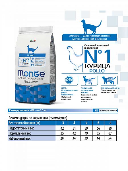 Monge: PFB Cat Daily Line Urinary, профилактика МКБ, корм с курицей, для кошек, 10 кг