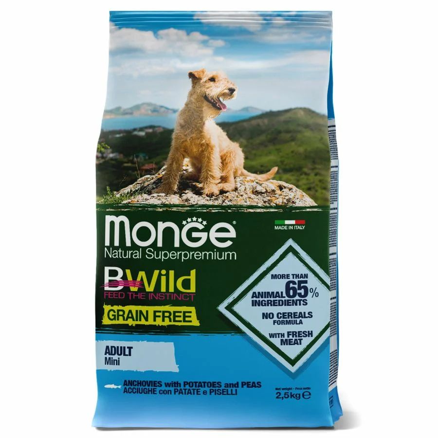 Monge: BWild GRAIN FREE Mini, беззерновой корм, из анчоуса с картофелем и горохом, для мелких пород собак, 2,5 кг